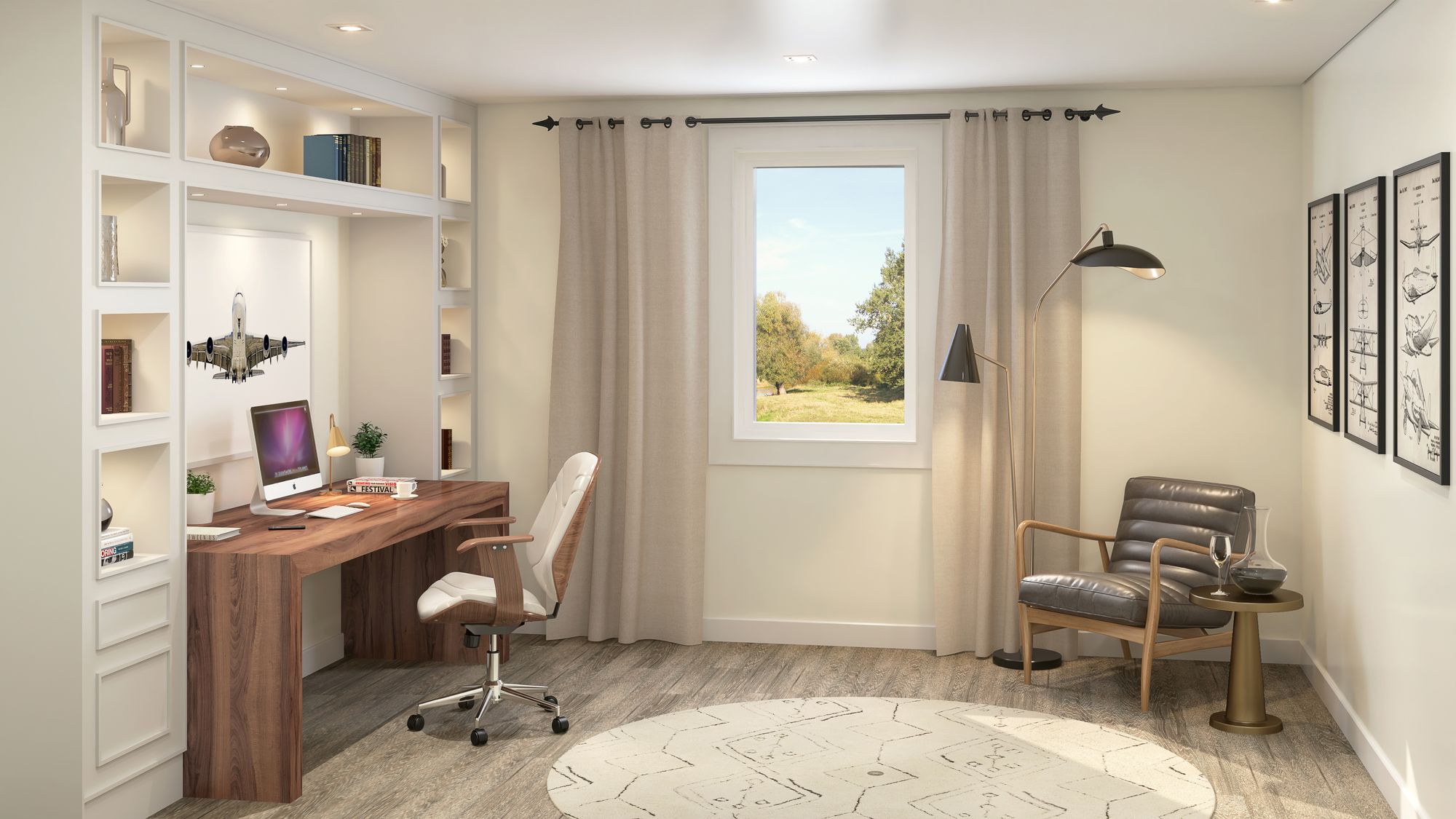 Den interior rendering with built-in shelving