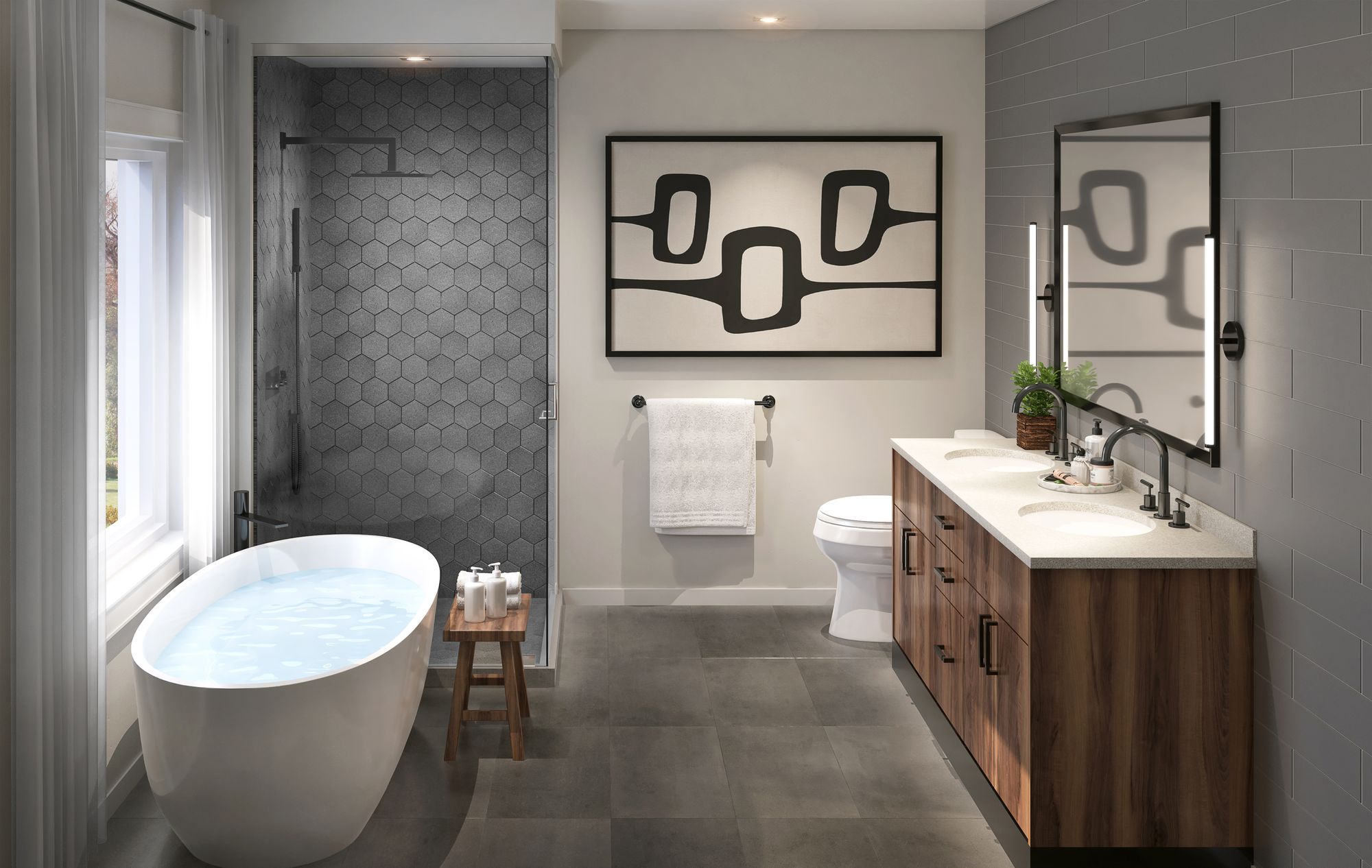 Primary ensuite rendering with freestanding tub and glass shower