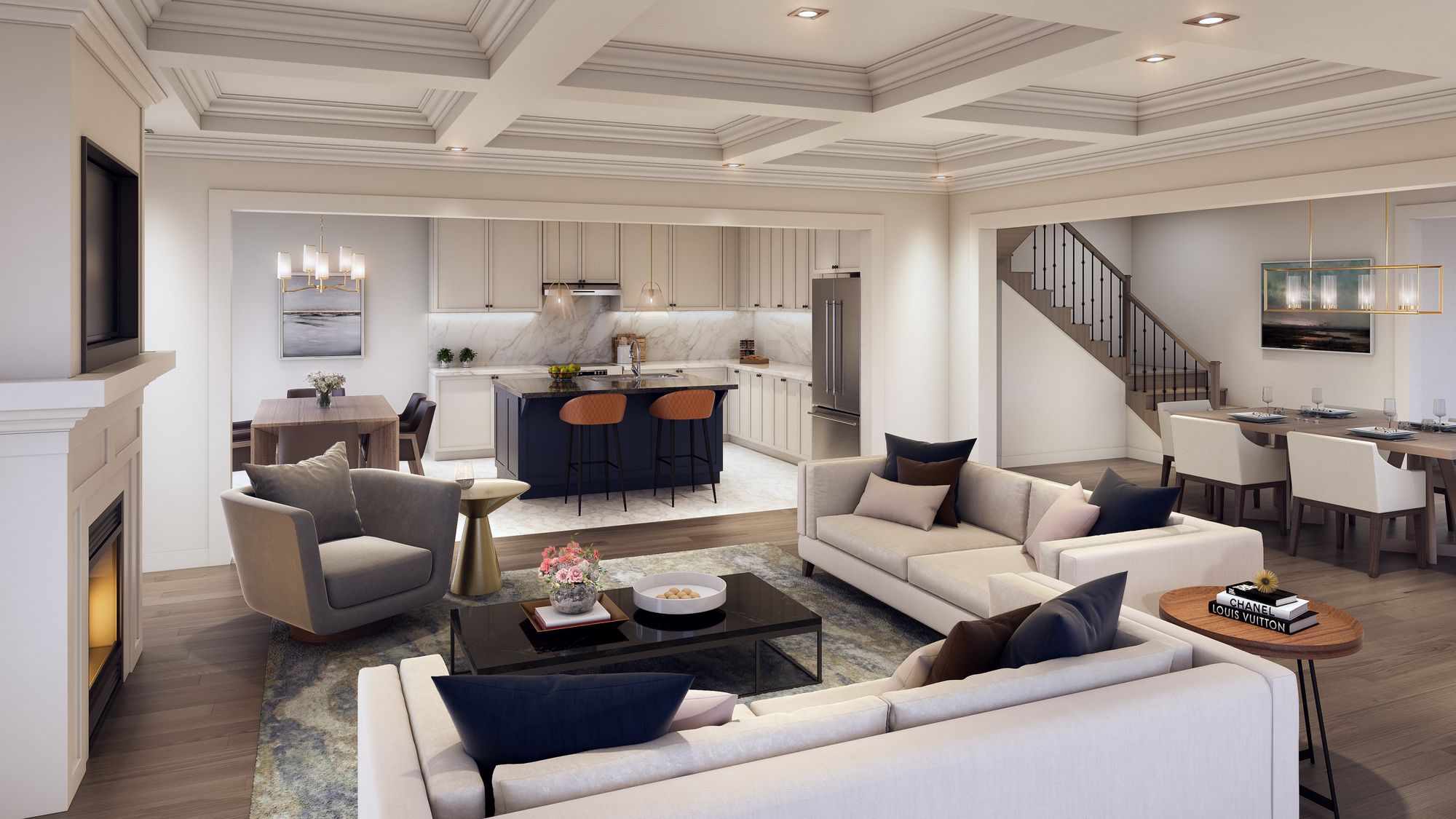 Great room interior rendering with fireplace and oversized windows