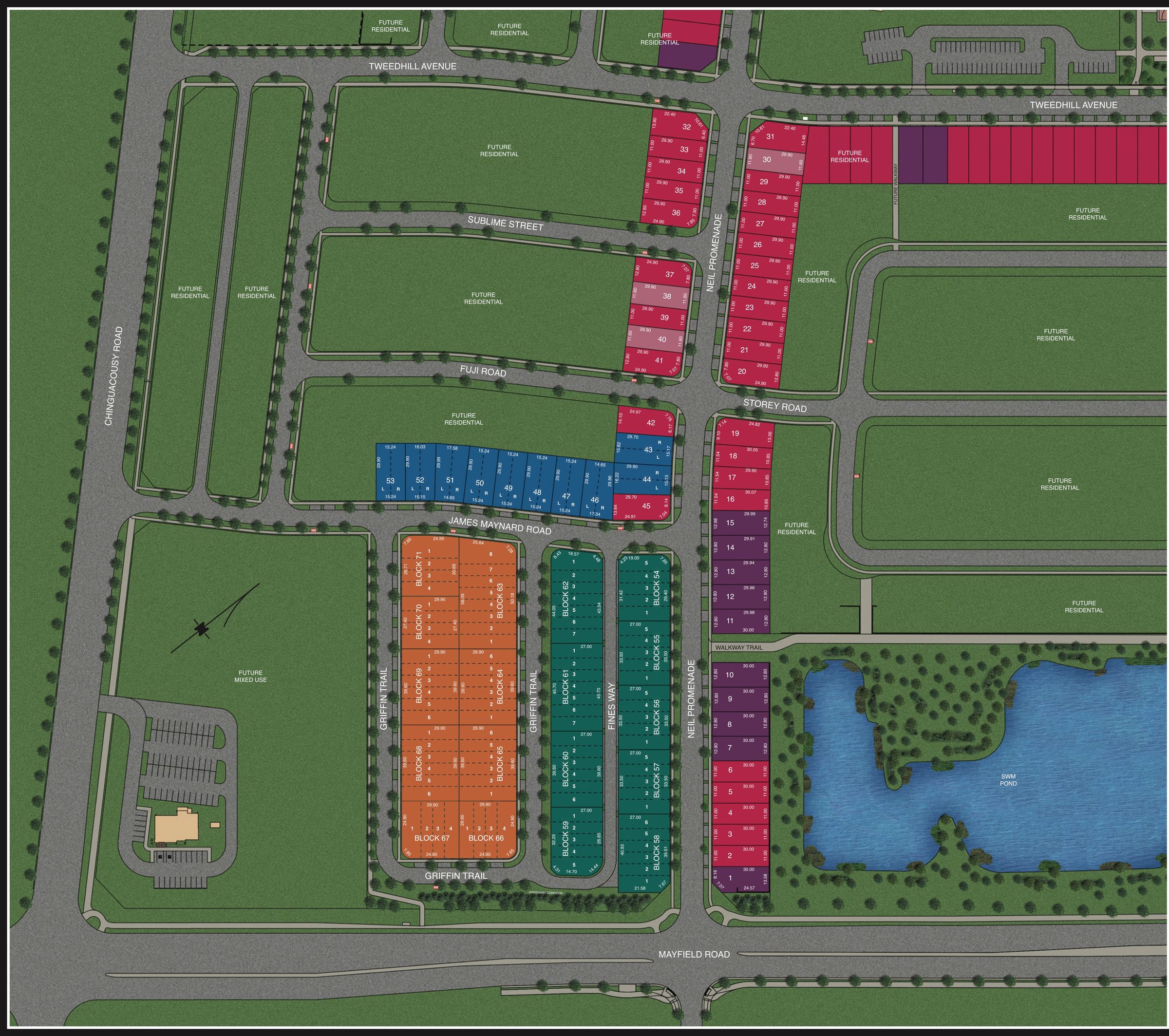 Aerial site plan of Windrose at Caledon Trails showing lot layout, streets, parks and the stormwater pond